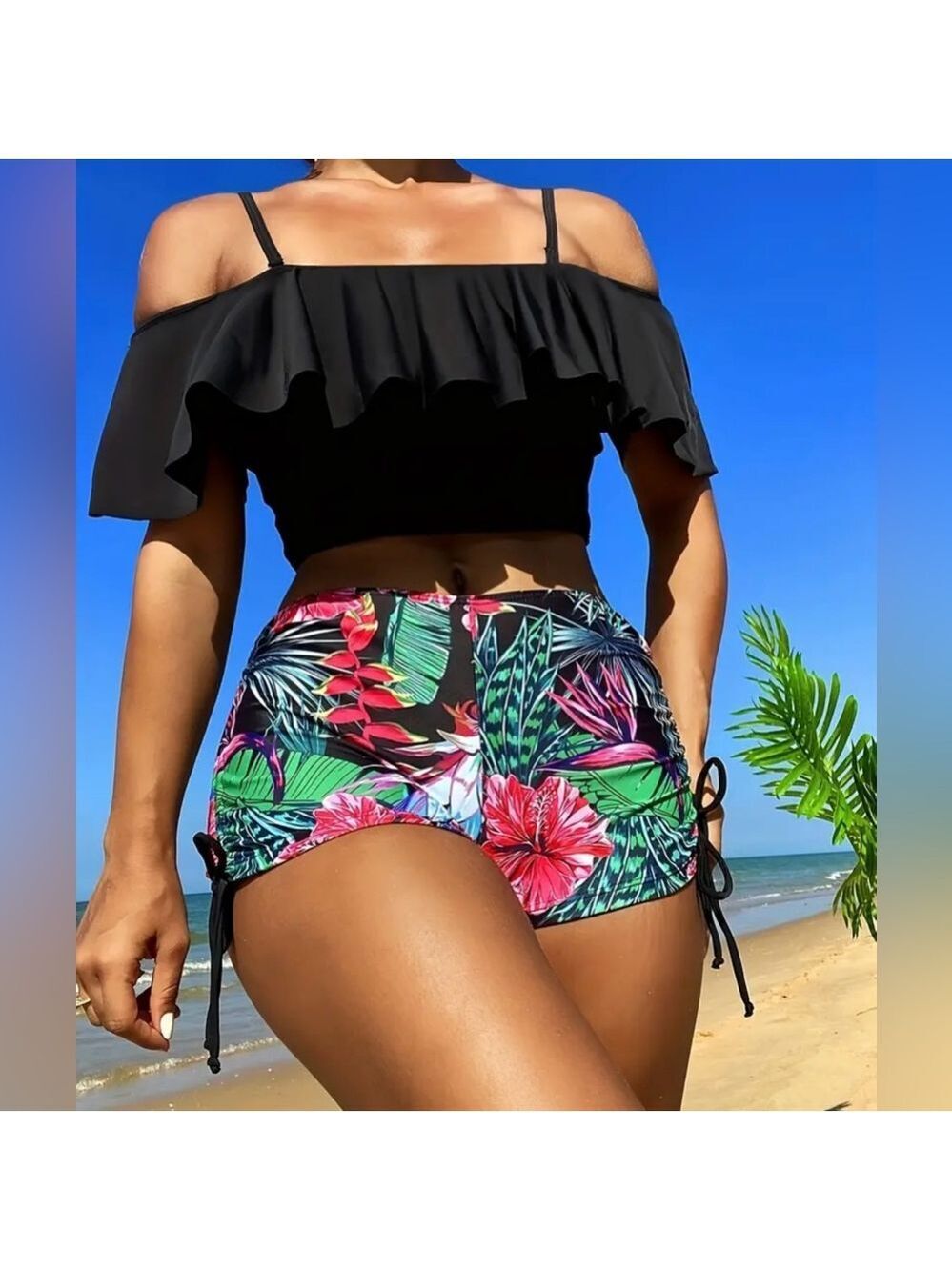 Black Cold Shoulder Ruffle Top & Tropical High Waisted Shorts Tankini Set